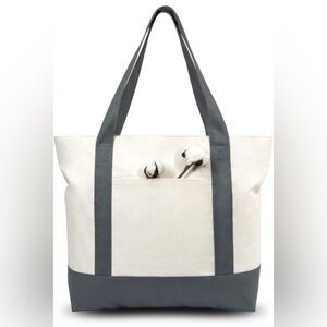 TOPDesign Canvas Tote Bag w/ External Pocket & Zipper Closure in Grey/Neutral